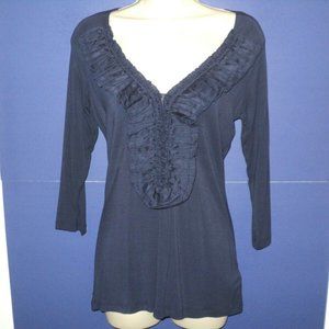 Wyeth Blouse Size M Navy Blue Ruffled 3/4 Sleeves